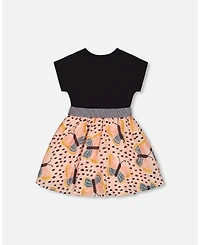 Deux par Deux Toddler Girls Bi-Material Dress With Printed Skirt Black, Pink, And Butterflies - Toddler|Child