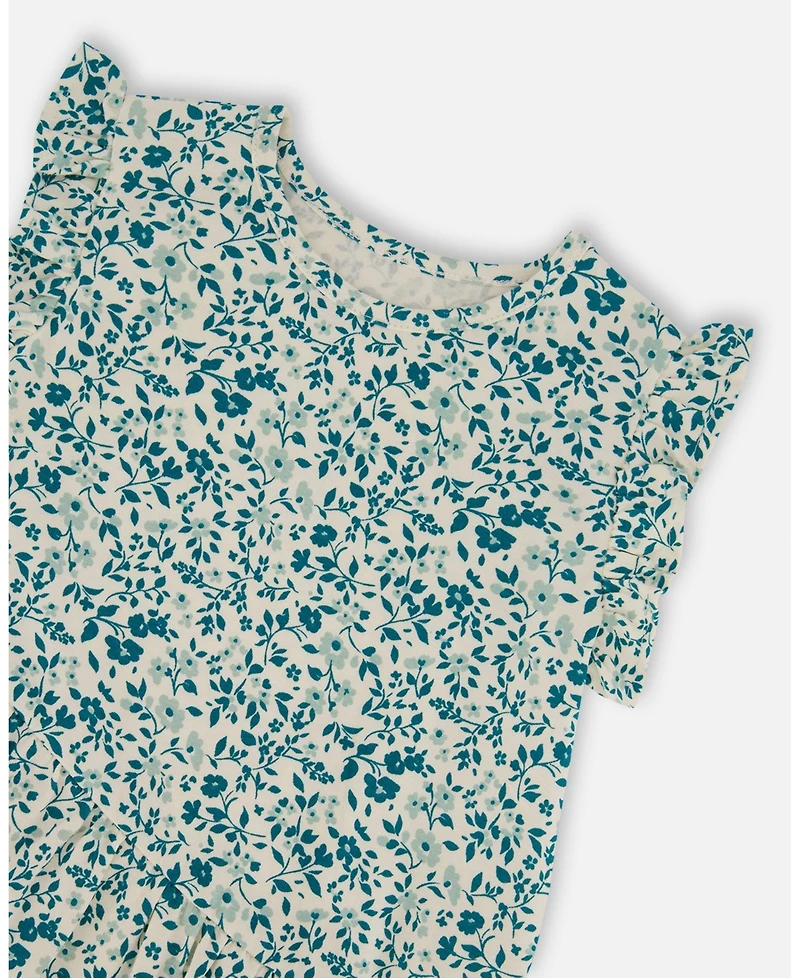 Deux par Deux Baby Girls Printed Organic Cotton Tunic Top Small Turquoise Flowers