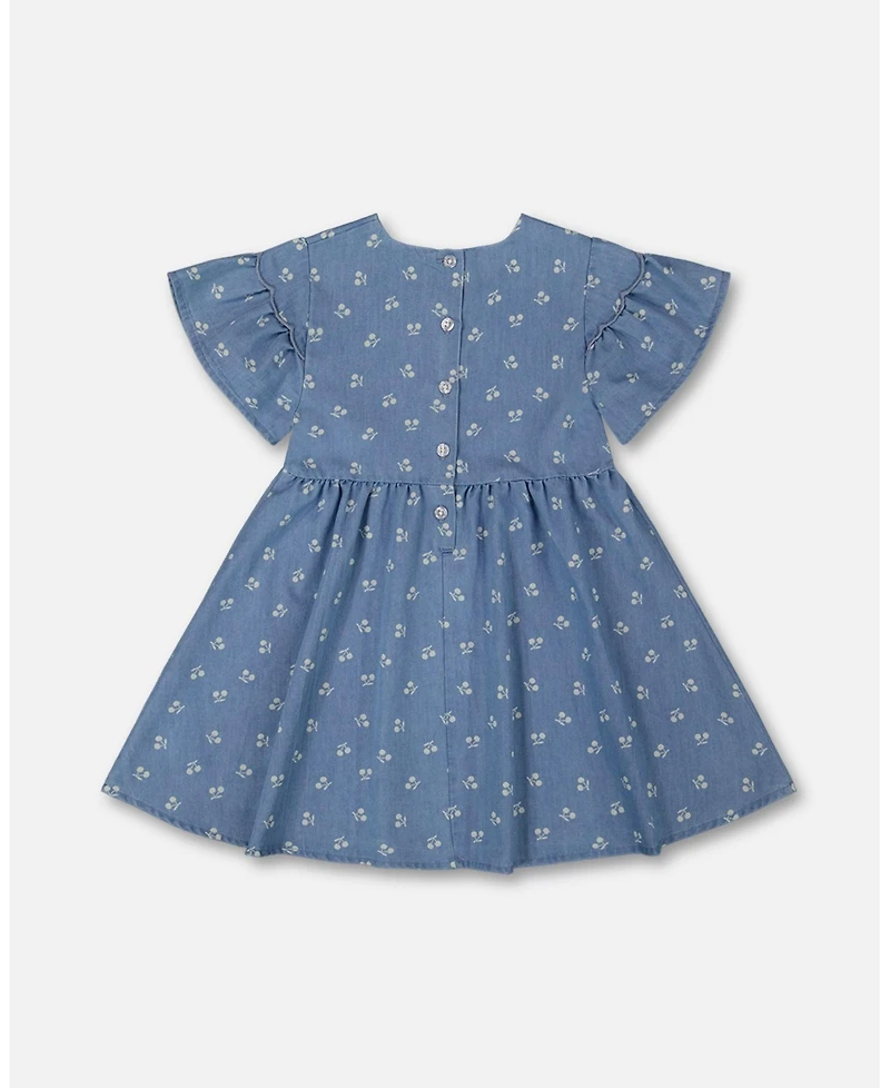Deux par Deux Toddler Girls Printed Chambray Dress Blue And White Cherries - Toddler|Child