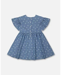 Deux par Deux Toddler Girls Printed Chambray Dress Blue And White Cherries - Toddler|Child