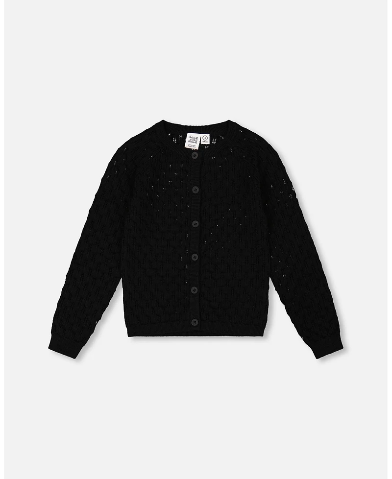 Deux par Big Girls Pointelle Knit Cardigan Sweater Black