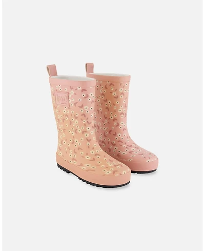 Deux par Deux Little Girls Printed Rain Boots Small White Flowers On Pale Pink