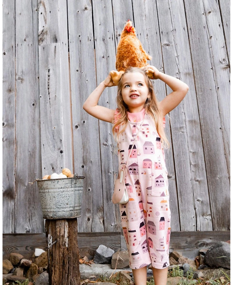 Deux par Deux Toddler Girls Printed French Terry Overalls Pink And Coral Houses - Toddler|Child
