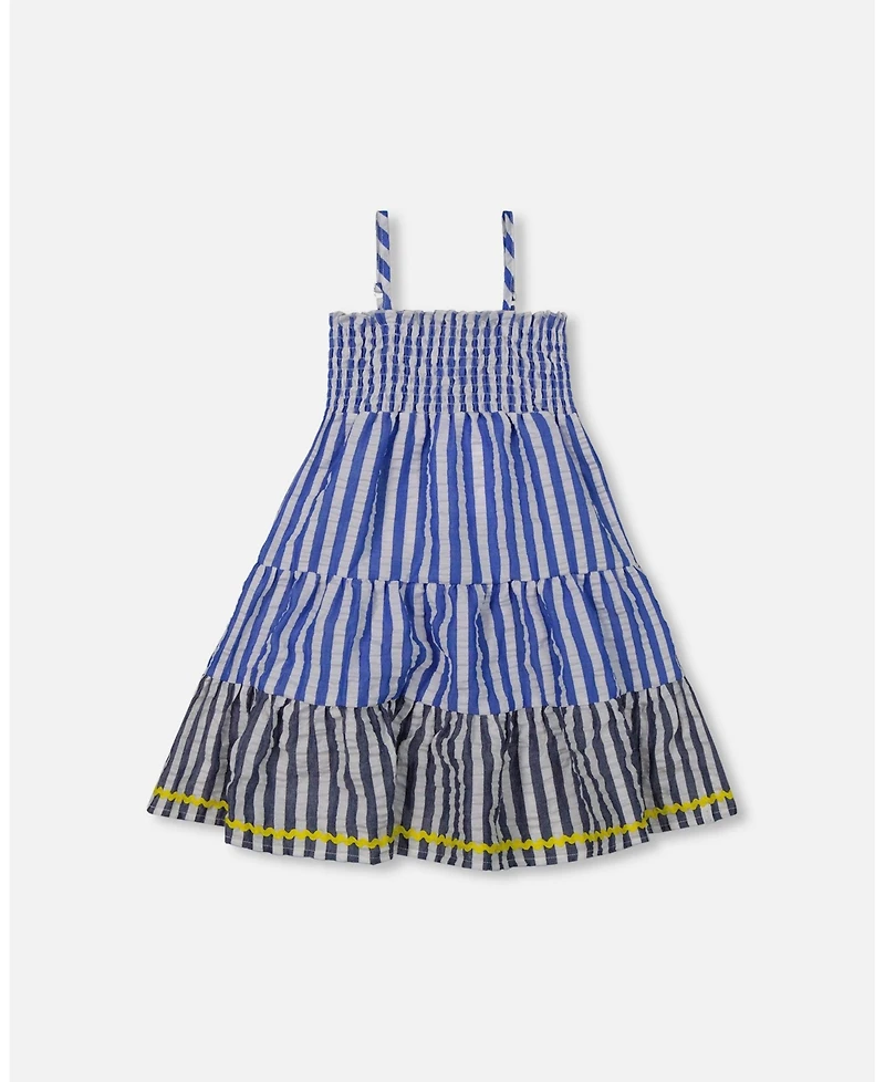 Deux par Deux Toddler Girls Smocked Seersucker Peasant Dress Blue And White Striped - Toddler|Child
