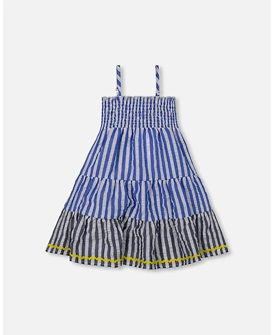 Deux par Deux Toddler Girls Smocked Seersucker Peasant Dress Blue And White Striped - Toddler|Child