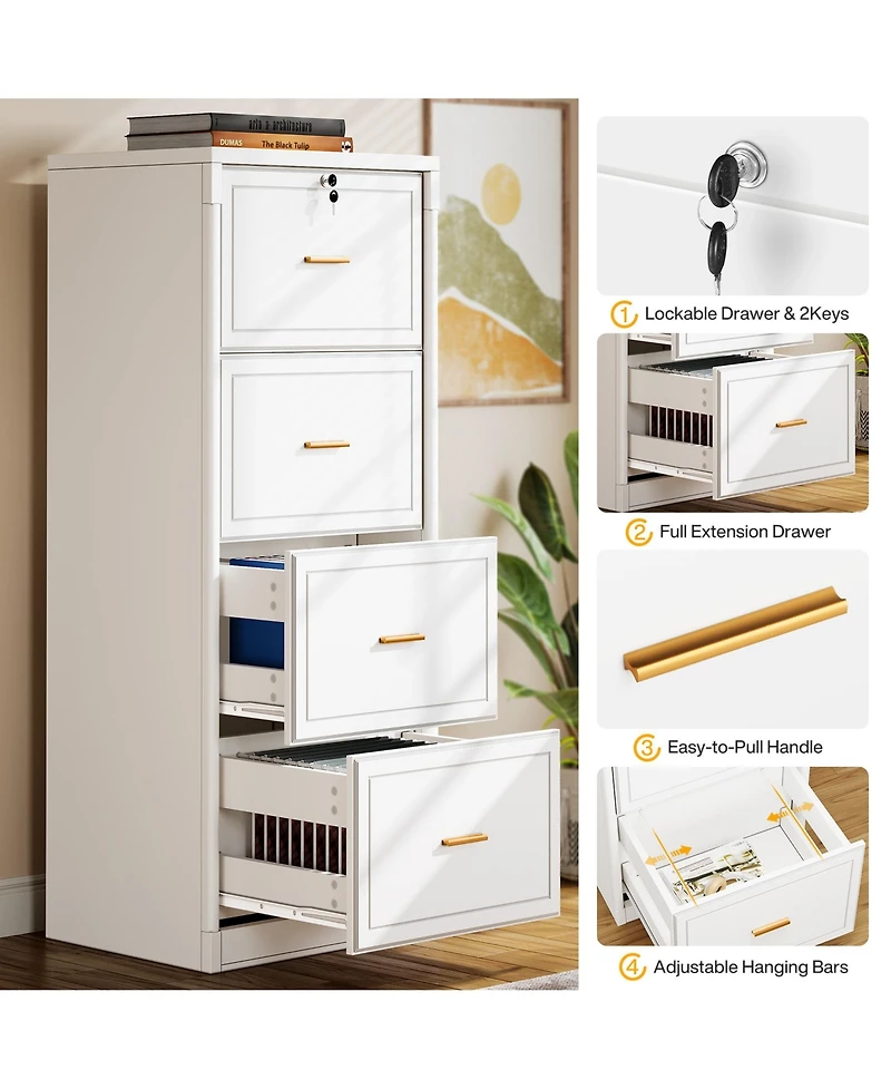 Tribesigns 4-Drawer File Cabinet, Vertical Filing Cabinet with Lock, Wood Storage Cabinet for Home Office,Locable File Cabinet for A4/F4/Letter/Legal