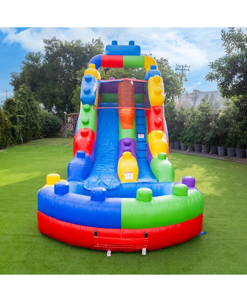 HeroKiddo Block Party Commercial Grade Inflatable Water Slide with Attached Pool / Drainage / Air Blower Included, Outdoor Indoor, Rental Quality, Big