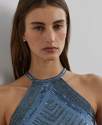 Lauren Ralph Lauren Women's Beaded Mesh Halter Cocktail Dress