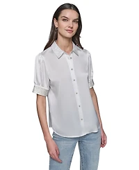 Karl Lagerfeld Paris Women's Satin Rhinestone-Cuff Button-Front Top