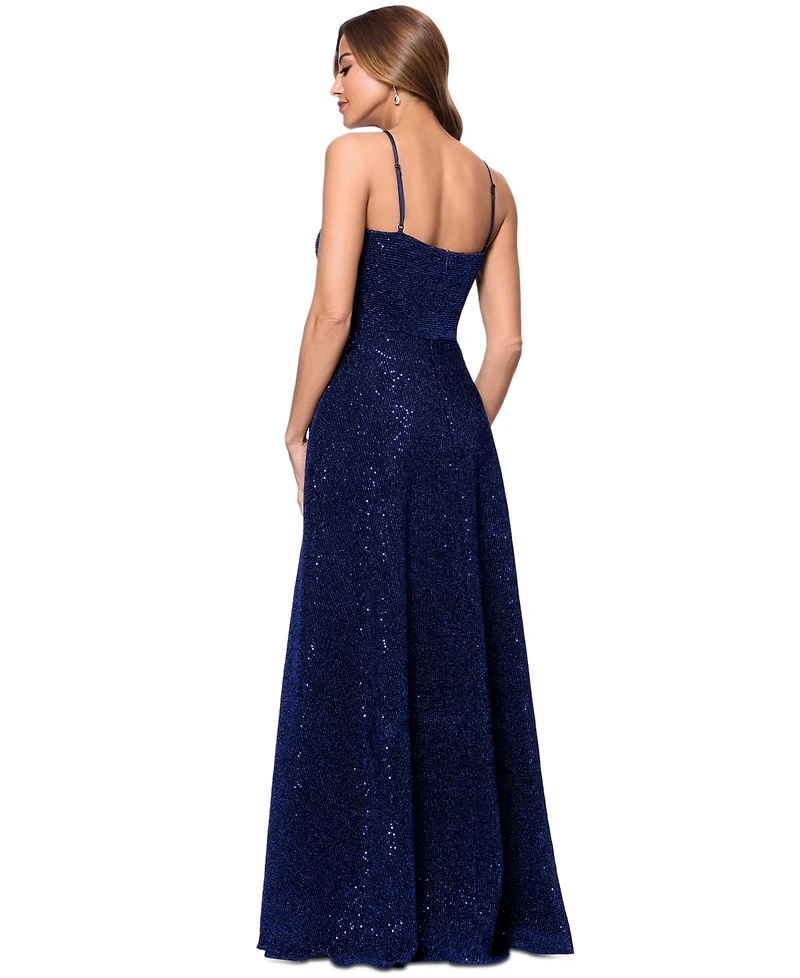 Xscape Women's Sequined Plunge-Neck Sleeveless Gown