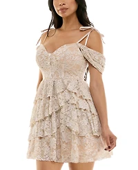 Emerald Sundae Juniors' Tiered Glitter Off-The-Shoulder Dress
