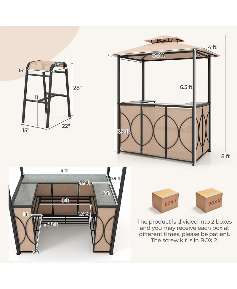 3-Piece Patio Bar Set Grill Gazebo & 2 Bar Stools with Tempered Glass Bar Table