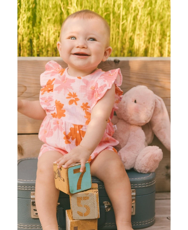 Deux par Deux Baby Girls Printed Muslin Romper Pink And Coral Flowers