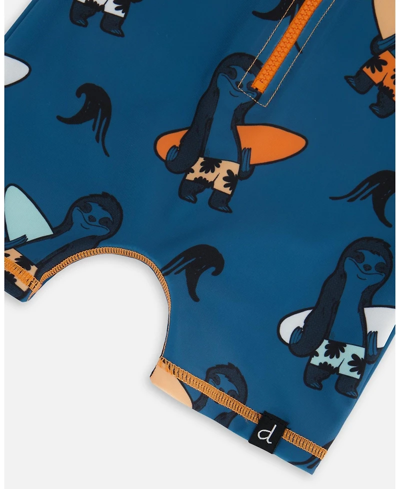 Deux par Deux Baby Boys Printed Long Sleeve One-Piece Rashguard Orange Sloths On Navy Blue