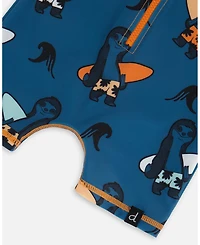 Deux par Deux Baby Boys Printed Long Sleeve One-Piece Rashguard Orange Sloths On Navy Blue