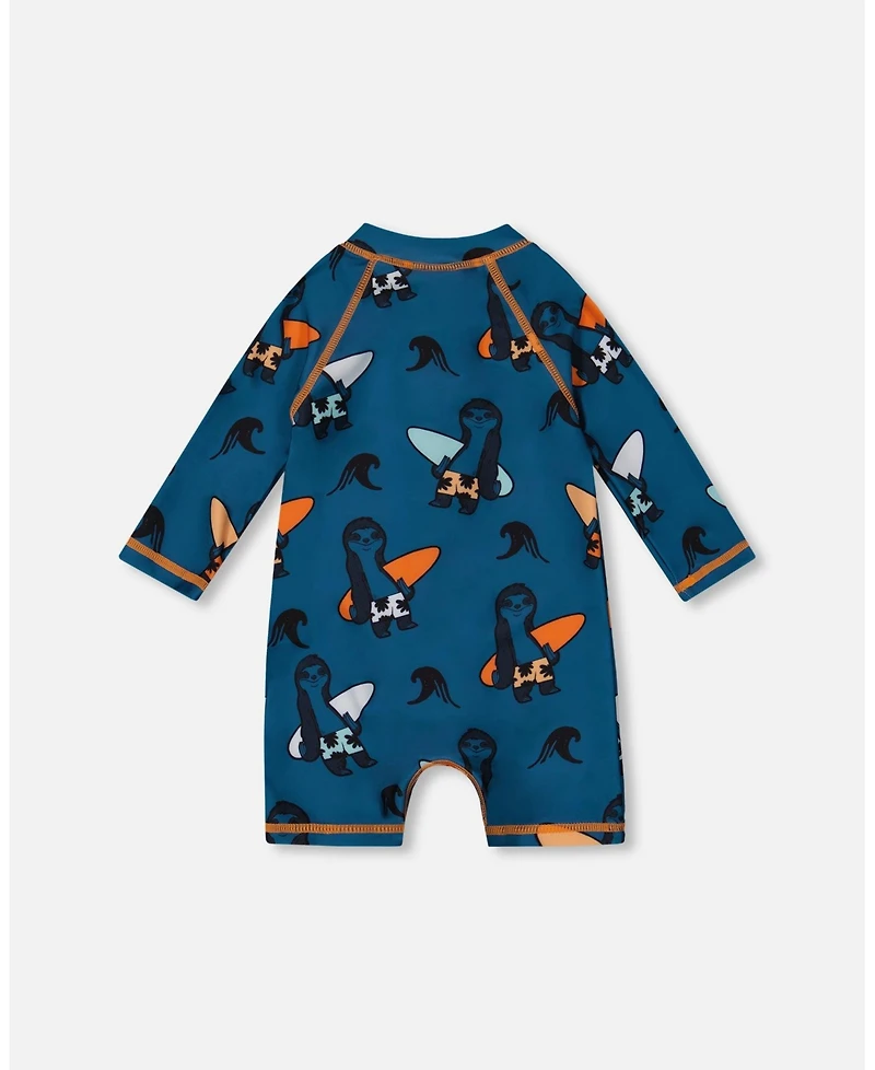 Deux par Deux Baby Boys Printed Long Sleeve One-Piece Rashguard Orange Sloths On Navy Blue