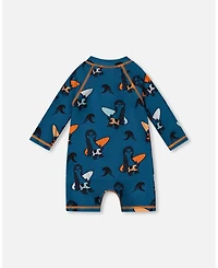 Deux par Deux Baby Boys Printed Long Sleeve One-Piece Rashguard Orange Sloths On Navy Blue