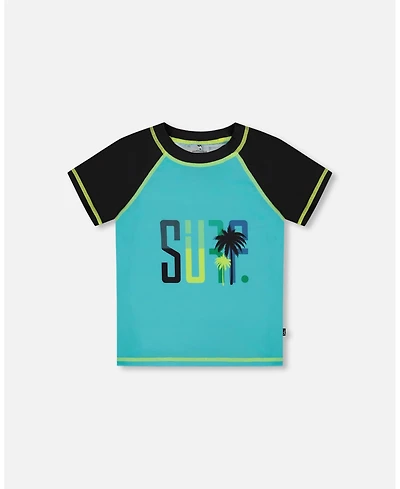 Deux par Boy Short Sleeve Rashguard Black And Turquoise - Toddler|Child