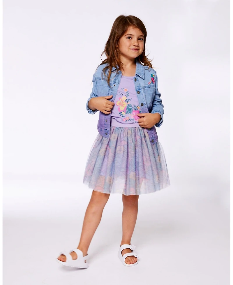 Deux par Deux Toddler Girls Printed Mesh Skirt Lilac Tropical And Pink Flamingos - Toddler|Child