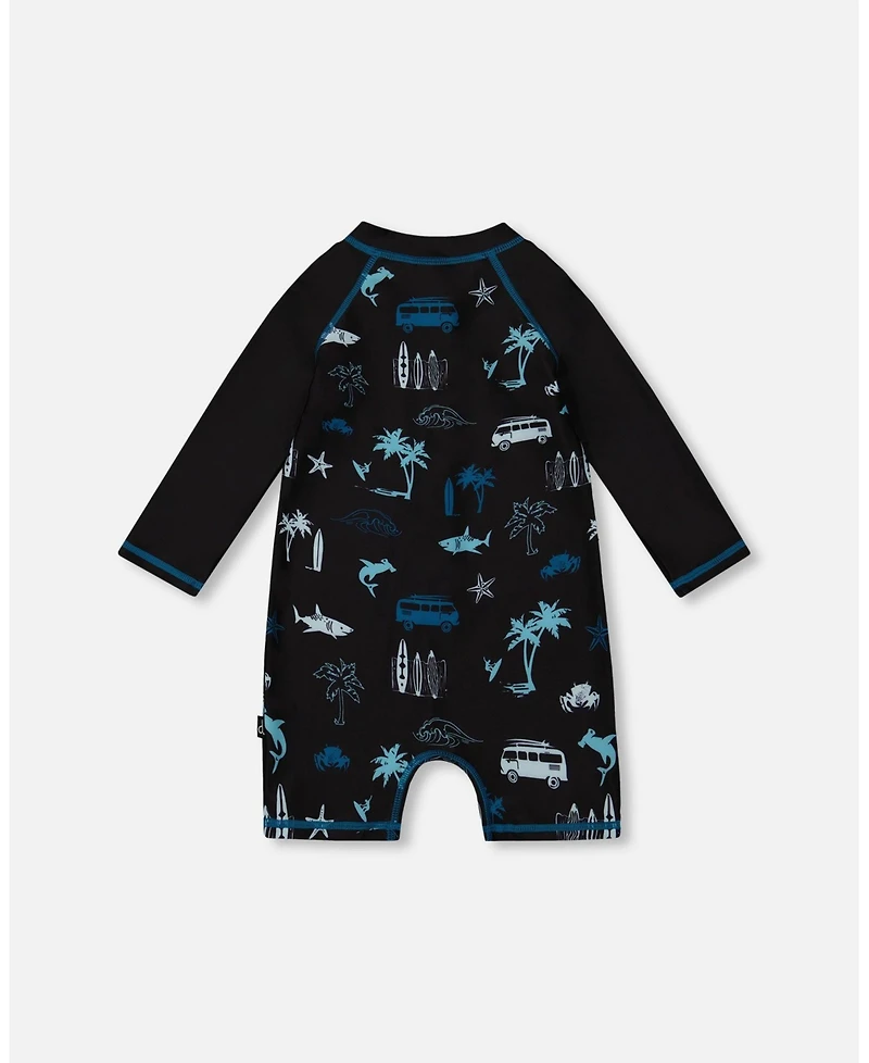 Deux par Deux Boys Printed Long Sleeve Rashguard Light Blue Beach On Black