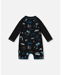 Deux par Deux Boys Printed Long Sleeve Rashguard Light Blue Beach On Black