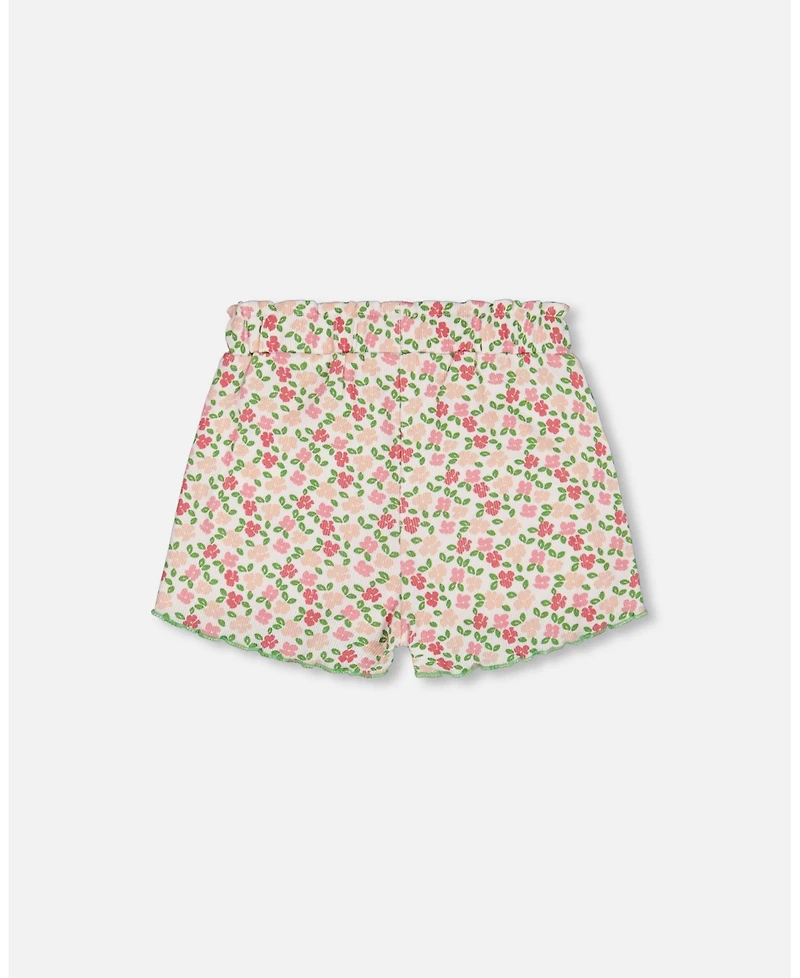Deux par Deux Big Girls Printed Ribbed Short Small Flowers On White Background