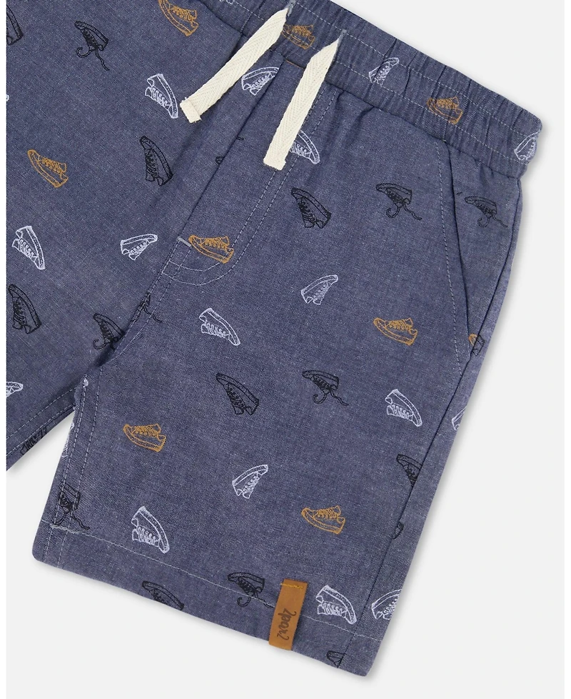 Deux par Deux Toddler Boys Printed Chambray Short Gray, White And Tan - Toddler|Child