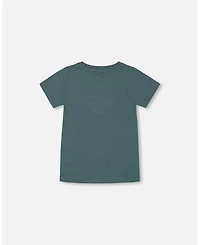 Deux par Deux Toddler Boys Short Sleeve Organic Cotton Graphic Tee Teal And Dark Old Rose - Toddler|Child