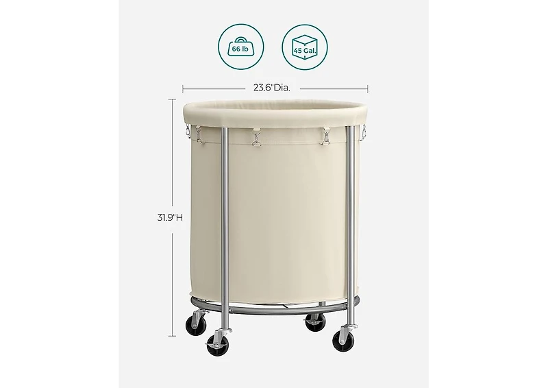 Songmics Home Laundry Basket with Wheels – 45-Gallon Rolling Laundry Hamper with Steel Frame, Cream and Silver