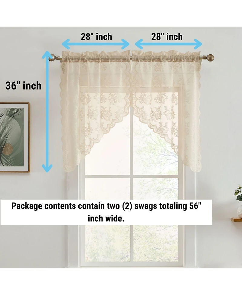 Hlc.me Jolene Floral Rod Pocket Lace Short Cafe Swags for Small Windows - 28 x 36 Inch Length (Taupe Swags, Set of 2)