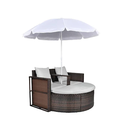 Patio Bed Outdoor Lounger Wicker Daybed with Parasol Poly Rattan
