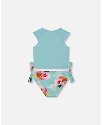 Deux par Deux Girl Printed Two-Piece Swimsuit Turquoise And Pink Flowers - Toddler|Child