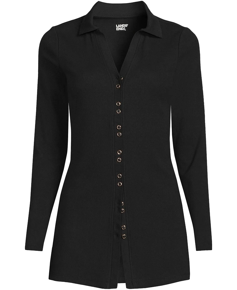 Lands' End Women's Long Sleeve Polished Rib Button Through Tunic Shirt