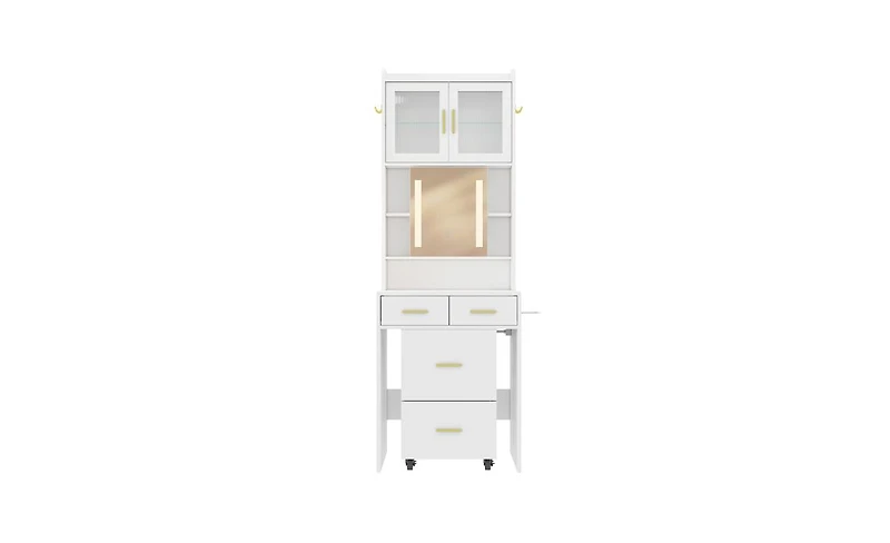 Small Vanity Desk with Mirror and Led Lights – Compact Makeup Table with Charging Station and Storage Shelves for Small Spaces