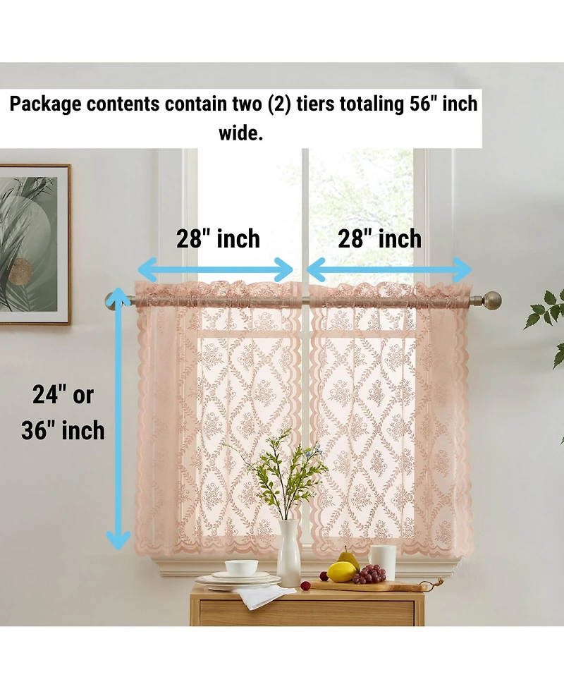 Hlc.me Isabella Floral Rod Pocket Lace Semi Sheer Voile Short Cafe Tiers for Small Windows - 28 x 36 Inch Length (Blush Pink Tiers, Set of 2)