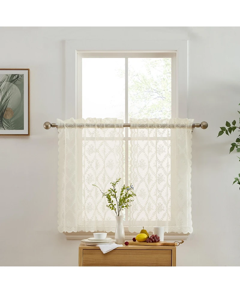 Hlc.me Isabella Floral Rod Pocket Lace Semi Sheer Voile Short Cafe Tiers for Small Windows - 28 x Inch Length ( Tiers