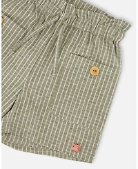 Deux par Deux Big Girls Linen Short With Pockets Medium Green And Cream Striped