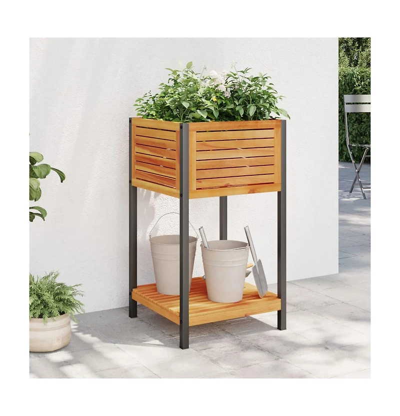 Garden Planter with Shelf 17.7"x17.7"x31.5" Solid Wood Acacia and Steel