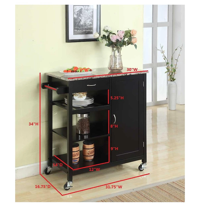 Kings Brand Furniture Sanford Wood & Marble Finish Top Kitchen Storage Cabinet Cart