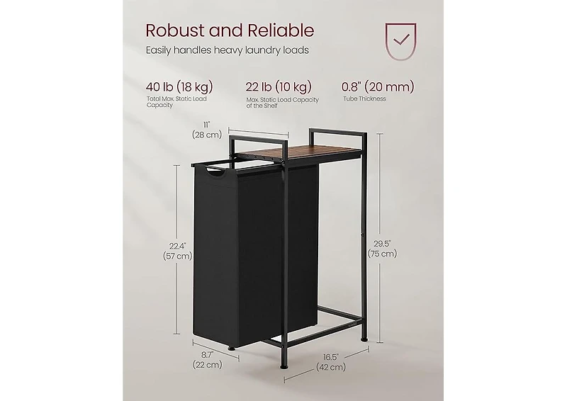 Songmics Home Slim Laundry Basket with Pull-Out Removable Bag, 12.7-Gallon, Ink Black & Rustic Brown