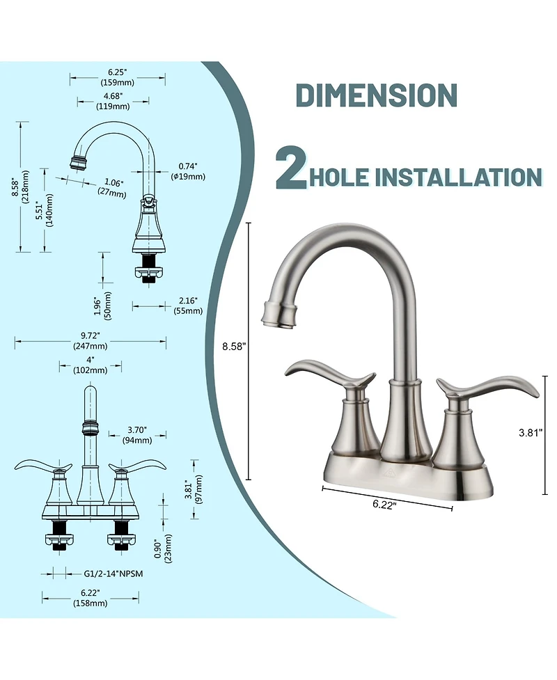 4 Inch 2-Handle Centerset Bathroom Sink Faucet with Drain and Supply Hose Mixer Double Handle Tap Deck Mounted Oil Rubbed Bronze