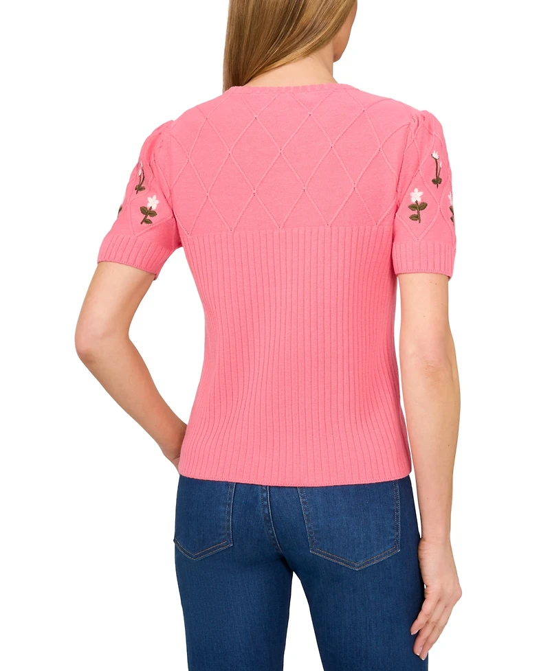 CeCe Women's Crewneck Flower Embroidered Short Sleeve Cotton Sweater