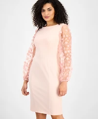 Connected Petite Sheer-Sleeve Applique Sheath Dress