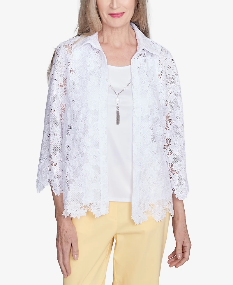 Alfred Dunner Women's Dress Code Two One Lace Top with Necklace