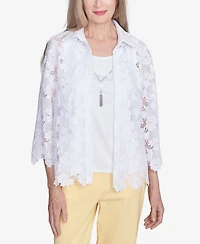 Alfred Dunner Women's Dress Code Two One Lace Top with Necklace