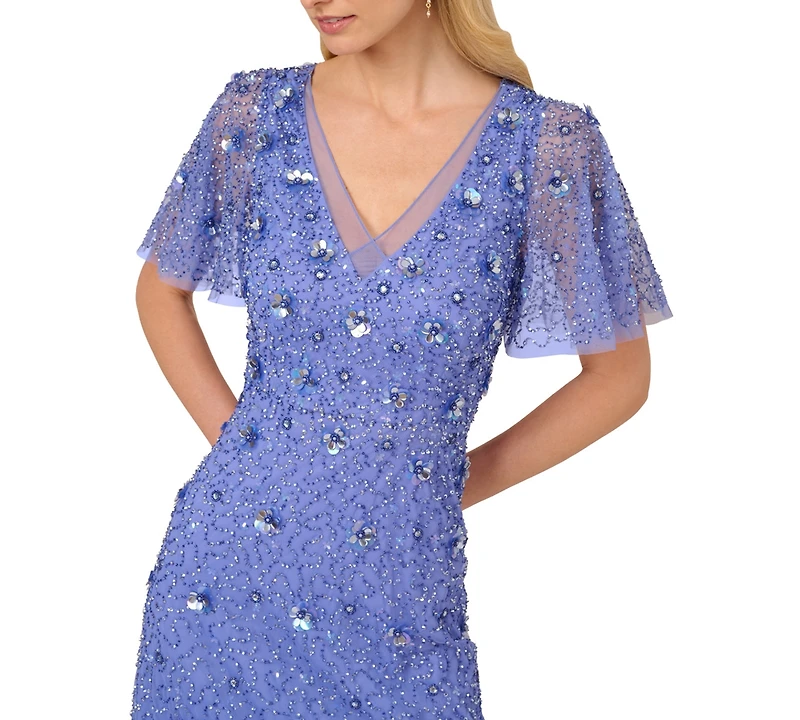 Adrianna Papell Women's Bead Mesh Flutter-Sleeve Dress