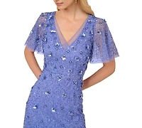 Adrianna Papell Women's Bead Mesh Flutter-Sleeve Dress