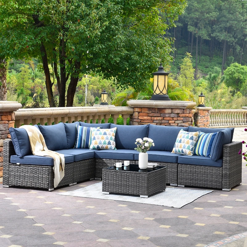 Xizzi 7-Piece Patio Furniture Outdoor Sofa Sets with New Wicker,Cushions and Coffee Table Suitable For patio, garden, backyard, yard balcony,Navy