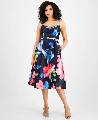 julia jordan Women's Floral-Print Sweetheart Belted Dress