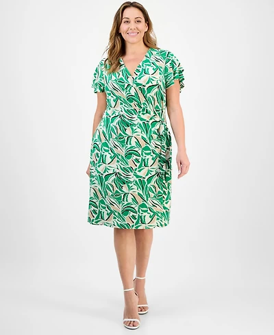 Anne Klein Plus Flutter-Sleeve Classic Faux-Wrap Dress